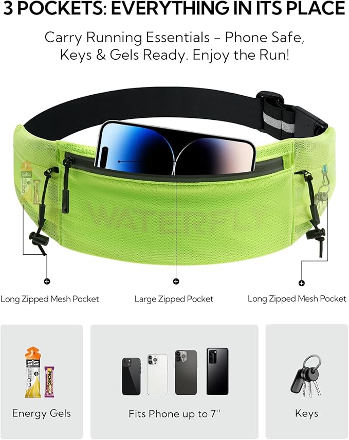 WATERFLY Running Belt Fanny Pack: Breathable 3 Pocket Waist Bag for Men Women Workout Exercise Fitness Phone Holder Fits All Phones - Runner Marathon Jogging Race Belt with Bib Clip Yellow