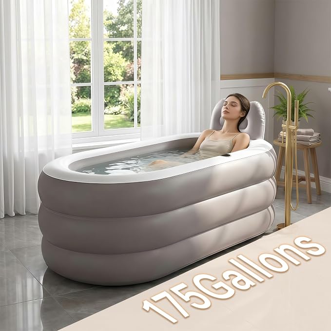 Inflatable Bathtub with Electric Air Pump and Bath Pillow - Portable Bathtub with Zippered Lid and Cup Holder Suitable for Indoor and Outdoor Use