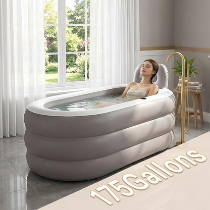 Inflatable Bathtub with Electric Air Pump and Bath Pillow - Portable Bathtub with Zippered Lid and Cup Holder Suitable for Indoor and Outdoor Use