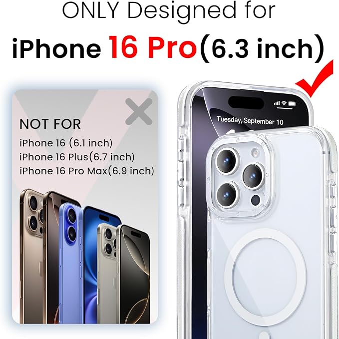 3 in 1 for iPhone 16 Pro Case Clear with MagSafe, Yellowing-Resistant Acrylic Back, Shockproof Guard Corners, Military-Grade Protection for iPhone 16 Pro Phone Case 6.3 inch Clear Bumper