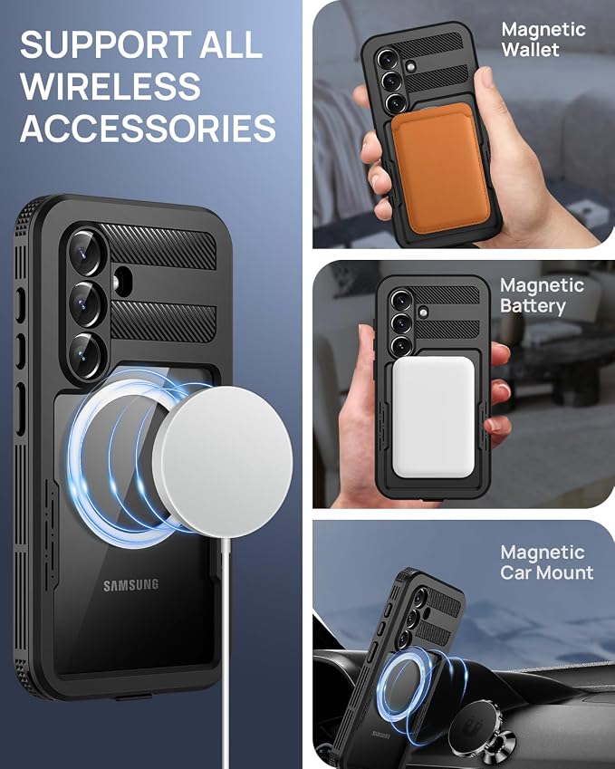 Lanhiem Magnetic for Samsung Galaxy S26+ Plus Case, IP68 Waterproof Dustproof Case, [Compatible with Magsafe] [Built-in Screen Protector] Full Body Heavy Duty Rugged Phone Cover 6.7 inch, Black/Clear