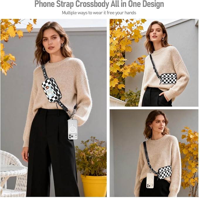 Clip and Go Strap for Phone with Wallet Crossbody Phone Lanyard and Detachable Checkered Bag with ID Window and RFID Pouch for Daily Travel.