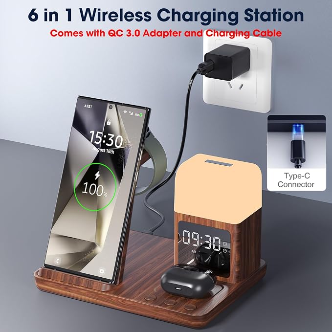 Wireless Charger for Samsung/Android, 6 in 1 Phone Nightstand Charging Station Charger with Alarm Clock/Night Light for Samsung S25/S24/S23 Ultra/Buds3,Watch Charger for Galaxy Watch 8/7/6/5-Wood