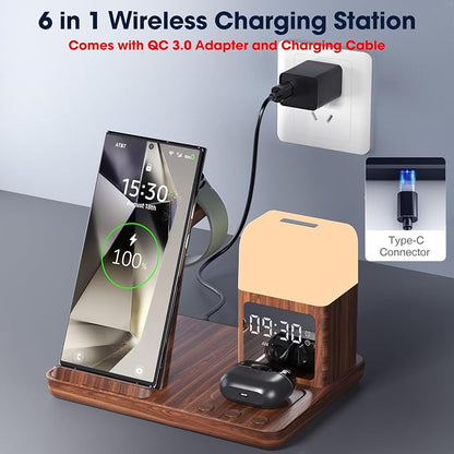 Wireless Charger for Samsung/Android, 6 in 1 Phone Nightstand Charging Station Charger with Alarm Clock/Night Light for Samsung S25/S24/S23 Ultra/Buds3,Watch Charger for Galaxy Watch 8/7/6/5-Wood