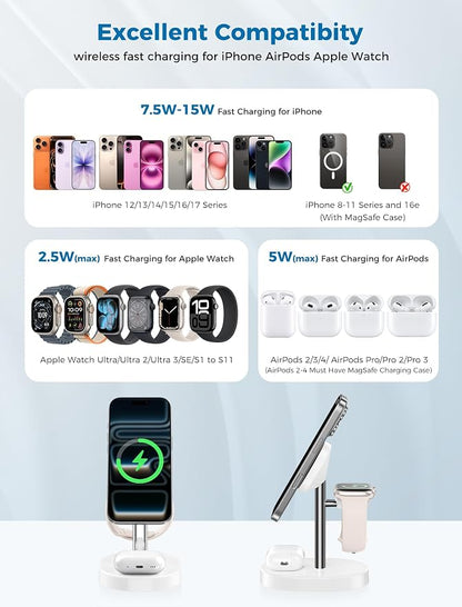 2026 3 in 1 Wireless Charging Station for Apple MagSafe Charger, 15W Fast Magnetic Mag-Safe Charger Stand for iPhone 17 16 15 14 13 12 Apple Watch AirPods Series, SilverWhite