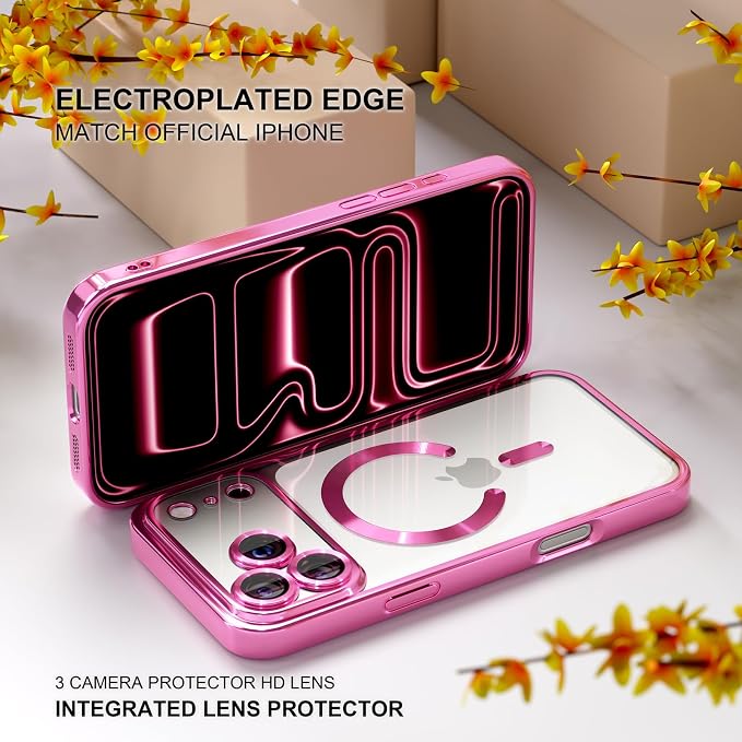 Misea Magnetic for iPhone 17 Pro Case Compatible with MagSafe [Never Yellowing] [Military Grade Drop Protection] Full Camera Lens Protector Plating Soft Clear Phone Case for Women, Hot Pink