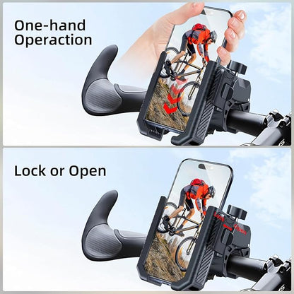 Bike Phone Mount Holder, Motorcycle Phone Mount Handlebar Clamp One-Hand Release & Quick Lock - 360 Degree Rotation Compatible with iPhone & Android Smartphones from 4.5"-7",Black 89001A