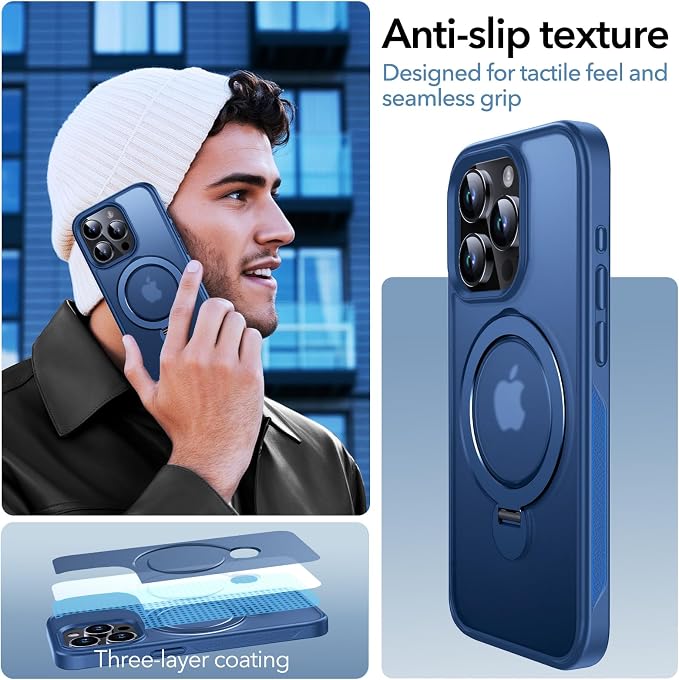 Anqrp 360° All-in-ONE Stand Case for iPhone 15 Pro with Rotatable Magnetic Kickstand Ring Holder, Compatible with MagSafe, MIL-Grade Shockproof iPhone 15 Pro Phone Case Cover 6.1" Blue