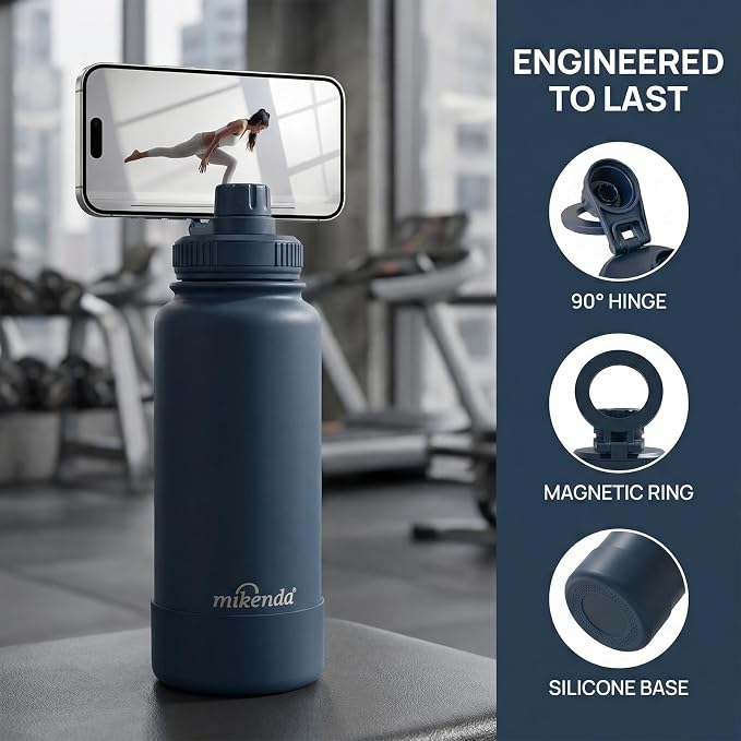 32oz Insulated Tumbler with Magnetic Phone Holder, Gym Water Bottle | Leak Proof Lid, 24hr Cold & 12hr Hot, Non-Slip Base | Travel Mug, Reusable & Eco-Friendly (indigo, 32, ounces)
