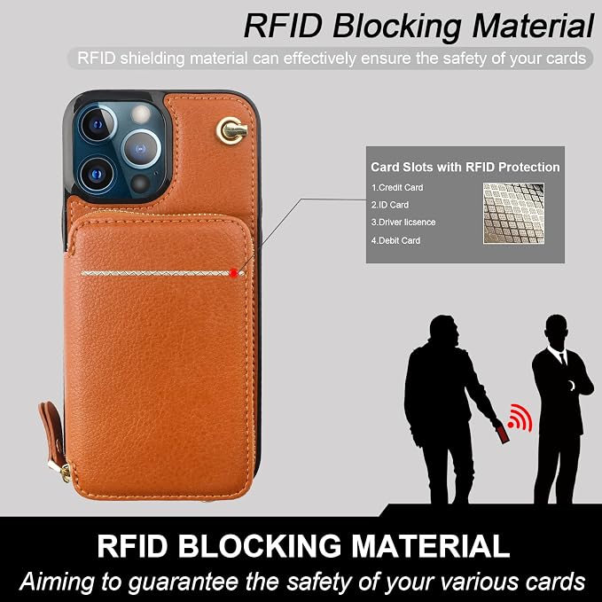 Bocasal Crossbody Wallet Case for iPhone 13 Pro Max, RFID Blocking Leather Purse Case with Card Holder, Protective Handbag Flip Cover with Zipper Wrist Strap Lanyard for Women 5G 6.7 Inch (Brown)