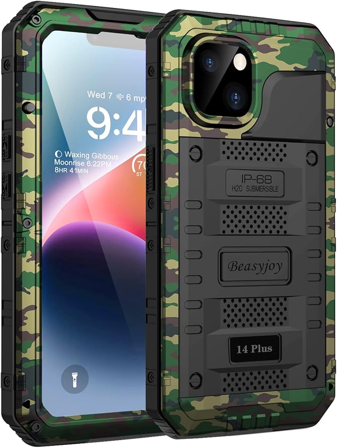Beasyjoy for iPhone 14 Plus Case, IP68 Waterproof Metal Heavy Duty Defender Case with Built-in Screen Protector, Military Grade Full Body Protective Defender Shockproof Rugged Cover 6.7 Inch, Camo