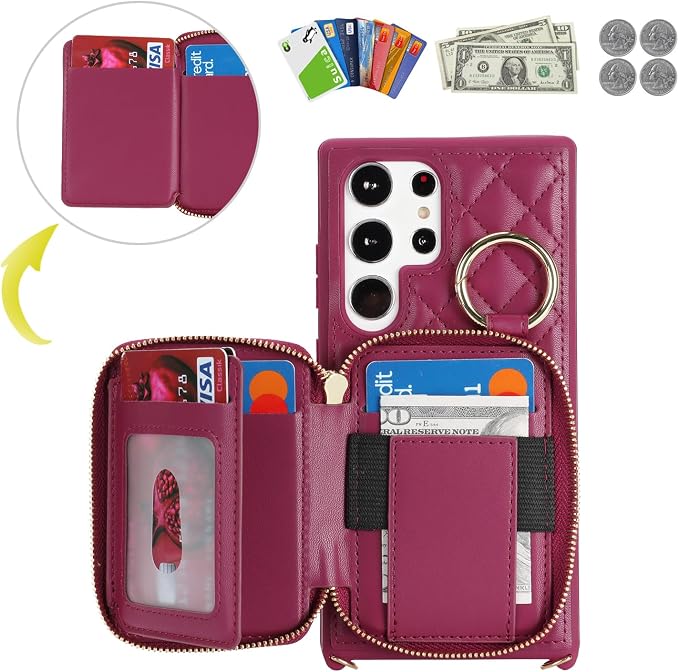Crossbody Wallet Case for Galaxy S24 Ultra, PU Leather Zipper Handbag Purse Flip Cover, Kickstand Folio Case with Card Slots Holder Wrist Strap Lanyard -Dark red
