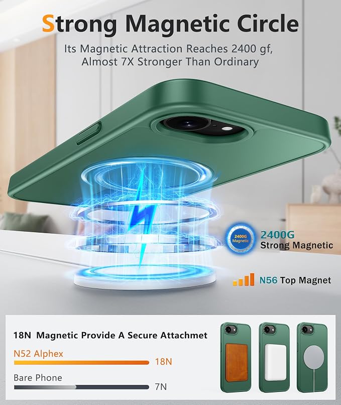 FNTCASE for iPhone 17e/ iPhone 16e Case, Fit for Magsafe, Screen Protector | Matte Magnetic Back, 14FT Military Grade Drop Protection, Shockproof Protective Phone Cover, Full Green