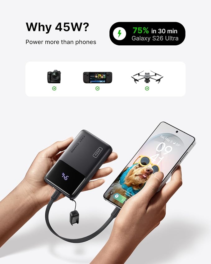 INIU Ultra Compact Power Bank, 10000mAh 45W Fast Charging Portable Charger with Detachable USB-C Cable & Stand, Flight-Safe Travel Battery Pack for iPhone 17 16 15 Pro Max Air, Samsung S26, iPad, etc