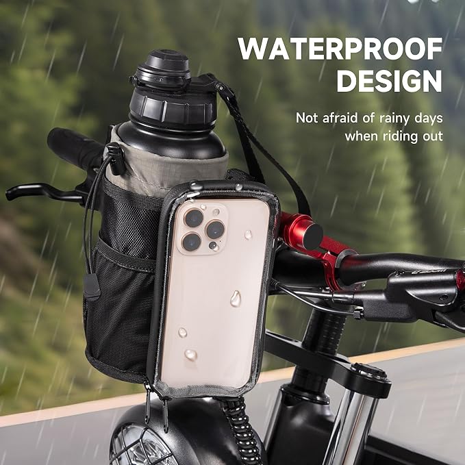 Bike Water Bottle Holder with Mount | Fits Motorcycles, Strollers, Scooters, Wheelchairs | Waterproof Phone Bag | Mount Support More Bike Devices | Holds 3.6in Diameter Bottles (1, Black)