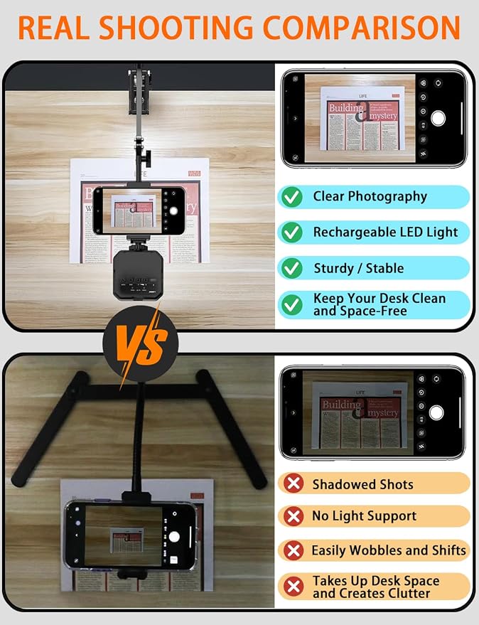 Overhead Phone Mount, Articulating Arm Cell Phone Holder with LED Light, Flexible Phone Stand for Live Streaming, Video Recording, Painting Lighting, Cooking
