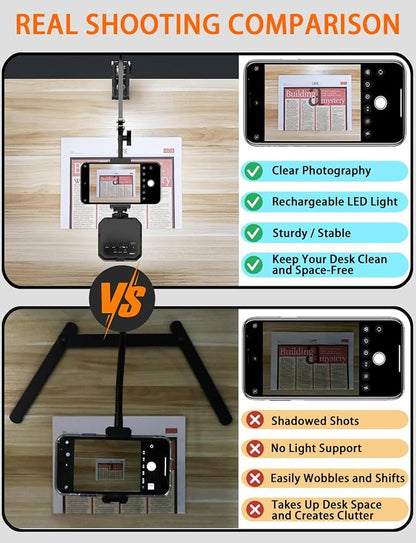 Overhead Phone Mount, Articulating Arm Cell Phone Holder with LED Light, Flexible Phone Stand for Live Streaming, Video Recording, Painting Lighting, Cooking