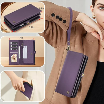 for Wallet Case Compatible with iPhone 16 Plus,Multi-Function Detachable 2 in 1 Magnetic iPhone 16 Plus Case Wallet,Flip Strap Zipper Card Holder Phone Case with Shoulder Straps (Pruple)