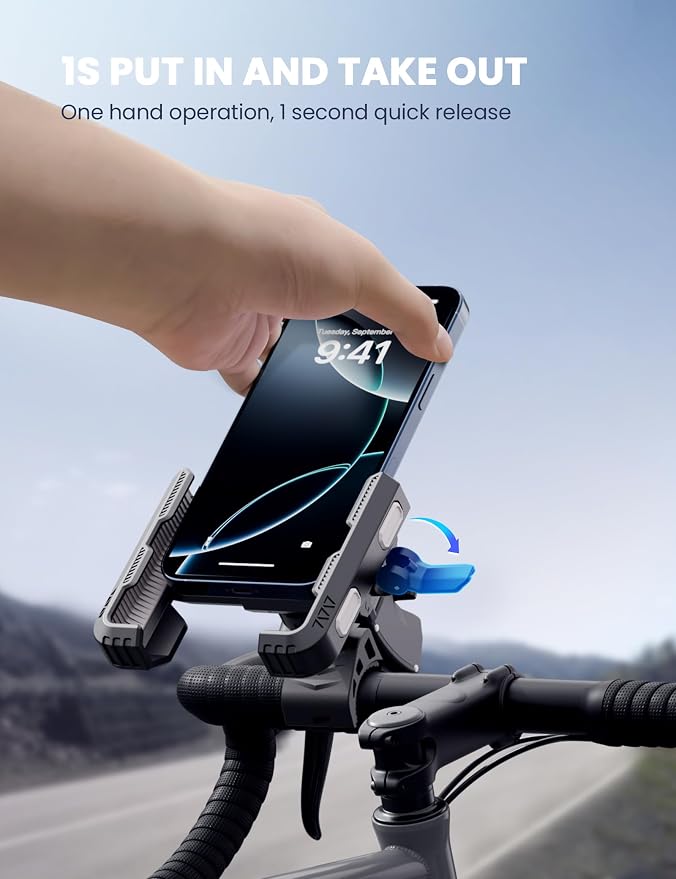 Bike Phone Mount for Electric, Mountain, Scooter, and Dirt Bikes [Camera Friendly] [1s Lock] Universal 360° Bicycle Handlebar Holder for iPhone 15/14/13 Samsung S23/S22 4.5-7" Smartphone (Grey)