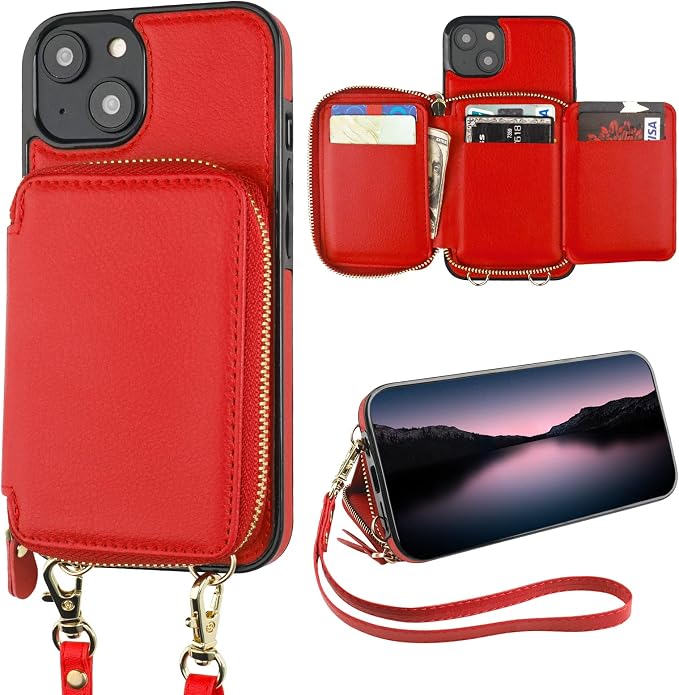 Bocasal RFID Blocking Wallet Case for iPhone 14 Plus, Adjustable Crossbody Zipper Purse Case Card Holder with Kickstand Detachable Wrist Strap, PU Leather Flip Folio Case 6.7 Inch 5G (Red)