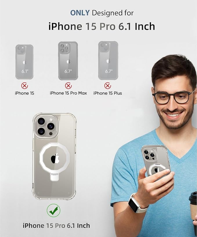 for iPhone 15 Pro Case, with Screen Protector + Camera Lens Protector, Built-in Seamless Stand, [Compatible with MagSafe] Protective Shockproof Phone Case, Cover iPhone 15 Pro - Clear