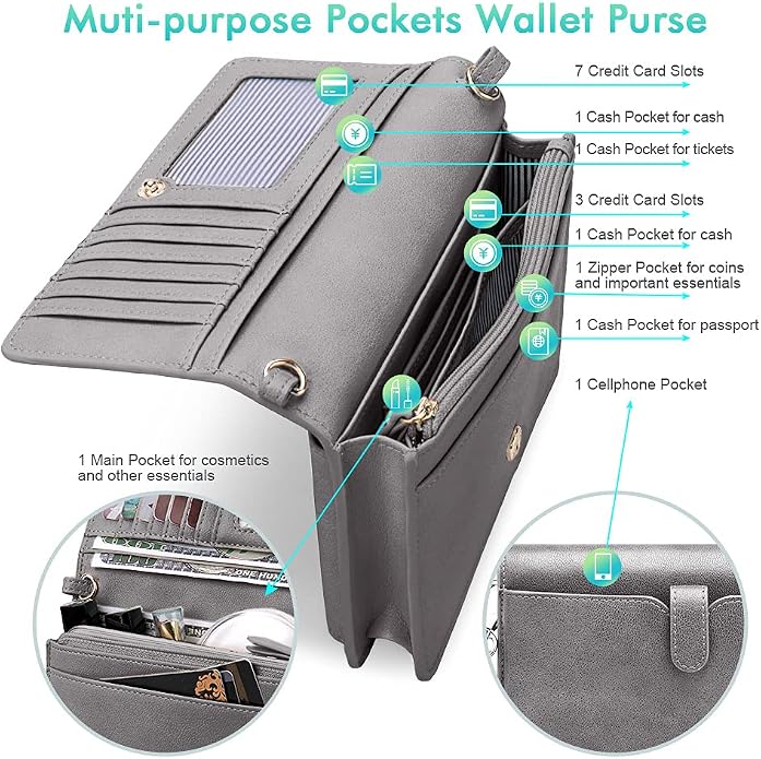 nuoku Women Small Crossbody Bag Cellphone Purse Wallet with RFID Card Slots 2 Straps Wristlet