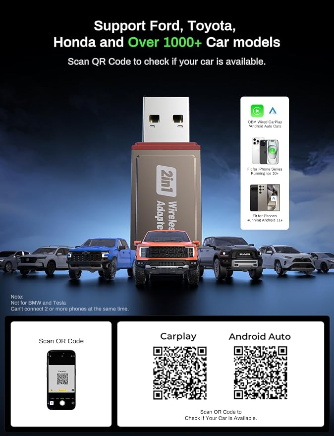 2026 Wireless CarPlay Adapter Support Apple CarPlay & Android Auto, 2-in-1 USB A & USB C Mini Bluetooth Dongle Convert Wired to Wireless Compatible with iPhone & Android
