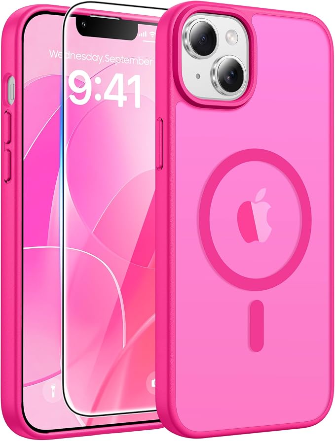 FNTCASE for iPhone 15 Plus Case: for iPhone 14 Plus Case [Compatible with Magsafe] Translucent Matte Cases with [Screen Protector] Military Grade Shockproof Protective Phone Cover - Hot Pink
