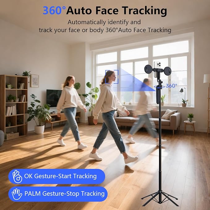 Auto Face Tracking Tripod for iPhone with Light, No APP Needed 70.9" Phone Camera Tripod Stand 360 Rotation Selfie Stick Follows Your Movement with Remote for Content Creator Vlog Live Stream