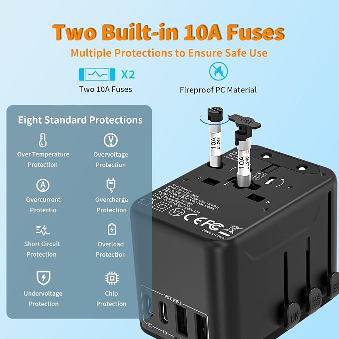 CC Store Universal Travel Adapter,European Travel Plug Adapter with 2 USB-C(17.5W) ＆ 2 USB-A Ports(Not a Voltage Converter) – for USA, UK, EU, AU ＆ 224+ Countries Black