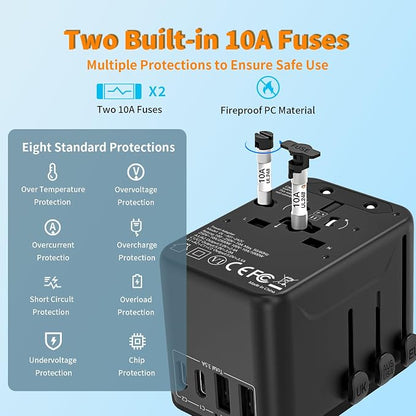 CC Store Universal Travel Adapter,European Travel Plug Adapter with 2 USB-C(17.5W) ＆ 2 USB-A Ports(Not a Voltage Converter) – for USA, UK, EU, AU ＆ 224+ Countries Black
