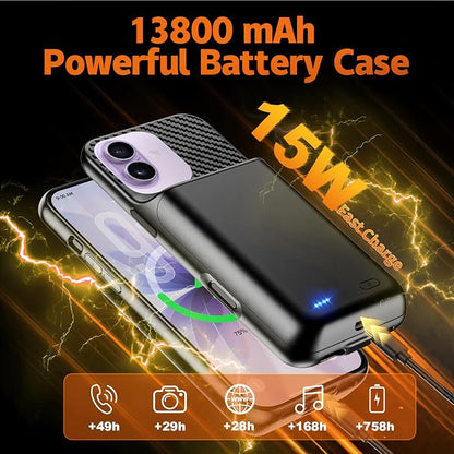 Battery Case for iPhone 16 Pro,17 (6.3 inch), 2026 Upgraded High Capacity 13800mAh Battery Pack Rechargeable Charger External Charging Case with Tempered Glass Screen Protector Black