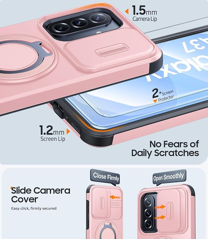 JAME for Samsung Galaxy A37/A36/A56 5G Case, Ring Holder Stand Kickstand, Slide Camera Cover, 2 Screen Protectors, Dual-Layer Shockproof Protective, Magnetic Accessory Friendly Phone Case, Pink