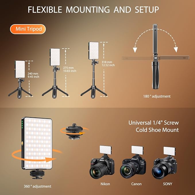 120 LED Video Light, Portable USB Photo Light Dimmable 2500-9000K CRI 95+ 5000mAh Battery with Tripod with Colored Filters and Clip, Photo Lamp for Phone/iPad/Laptop/Camera