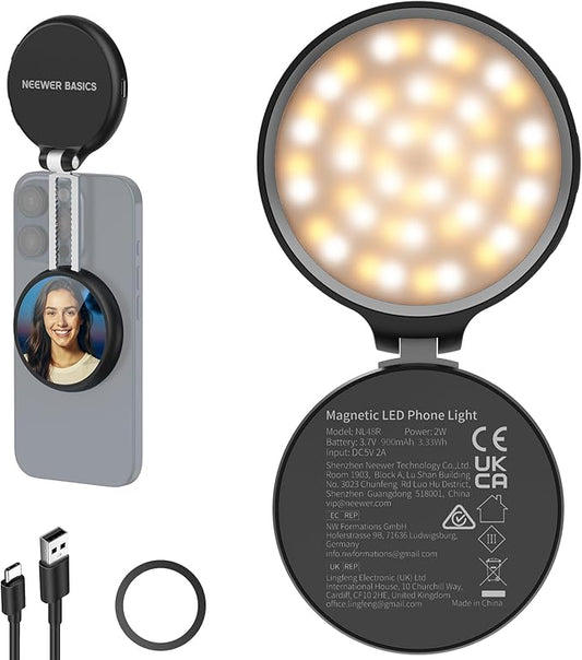 NEEWER Basics Magnetic LED Selfie Light Compatible with MagSafe iPhone, Desk Stand Phone Holder with Makeup Mirror 1160lx/0.2m 900mAh CRI95 Fill Lighting for Video Recording Streaming, Black NL48R