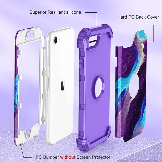 Hocase for iPhone SE 2022/2020 Case, Heavy Duty Shockproof Protection Hard Plastic+Silicone Rubber Hybrid Protective Case for iPhone SE 3rd/2nd Generation (4.7") - Blue Purple Marble