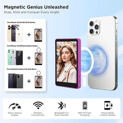 SUNPIN Vlog Selfie Monitor Screen, Wireless 4K/1080p Back Camera Monitor for iPhone & Android, Built-in Speaker for YouTube TikTok Live Streaming (Purple)