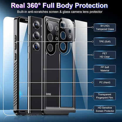 2025 New for Samsung Galaxy S24 Ultra Case Waterproof, [Built-in Camera & Screen Protector][Military Grade Shockproof][IP68 Underwater][Dustproof][Dropproof] Full Body Phone Case for S24 Ultra 6.8"