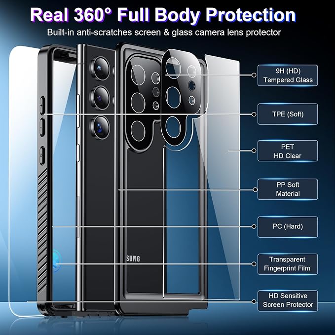 2025 New for Samsung Galaxy S24 Ultra Case Waterproof, [Built-in Camera & Screen Protector][Military Grade Shockproof][IP68 Underwater][Dustproof][Dropproof] Full Body Phone Case for S24 Ultra 6.8"
