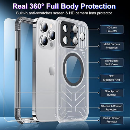 2024 Upgrade for iPhone 15 Pro Max Case Waterproof,[Compatible With MagSafe][Built-in Screen&Camera Protector][Full Body Dropproof][IP68 Underwater][Clear Sound]Shockproof Phone Case 6.7" Black/Clear