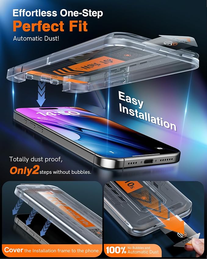 LK 3 Pack for iPhone 15 Pro Screen Protector [Auto-Dusting 0 Bubble] Military Grade Shatterproof, Full Coverage HD Ultra Tempered Glass Screen Protector for 15 Pro [One-Pull Install] Anti-Scratch