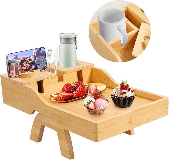 Couch Cup Holder Tray - Sofa Arm Tray with 360° Rotating Cell Phone Holder, Anti-Slip Couch Arm Rest Table, Natural Bamboo Clip-On Side Table for Eating, Snacks, Drinks, Remote, Cups