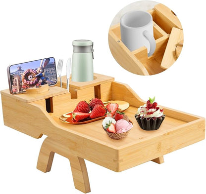 Couch Cup Holder Tray - Sofa Arm Tray with 360° Rotating Cell Phone Holder, Anti-Slip Couch Arm Rest Table, Natural Bamboo Clip-On Side Table for Eating, Snacks, Drinks, Remote, Cups