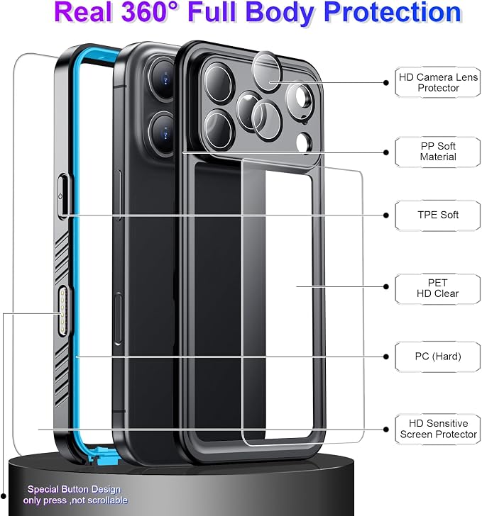 Temdan Compatible with iPhone 17 Pro Max Case,Waterproof Built-in Screen & Camera Protector IP68 Underwater Full Body 17FT Military Dropproof Shockproof Phone Case 6.9"-Blue/Clear