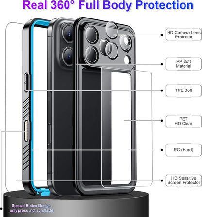 Temdan Compatible with iPhone 17 Pro Max Case,Waterproof Built-in Screen & Camera Protector IP68 Underwater Full Body 17FT Military Dropproof Shockproof Phone Case 6.9"-Blue/Clear
