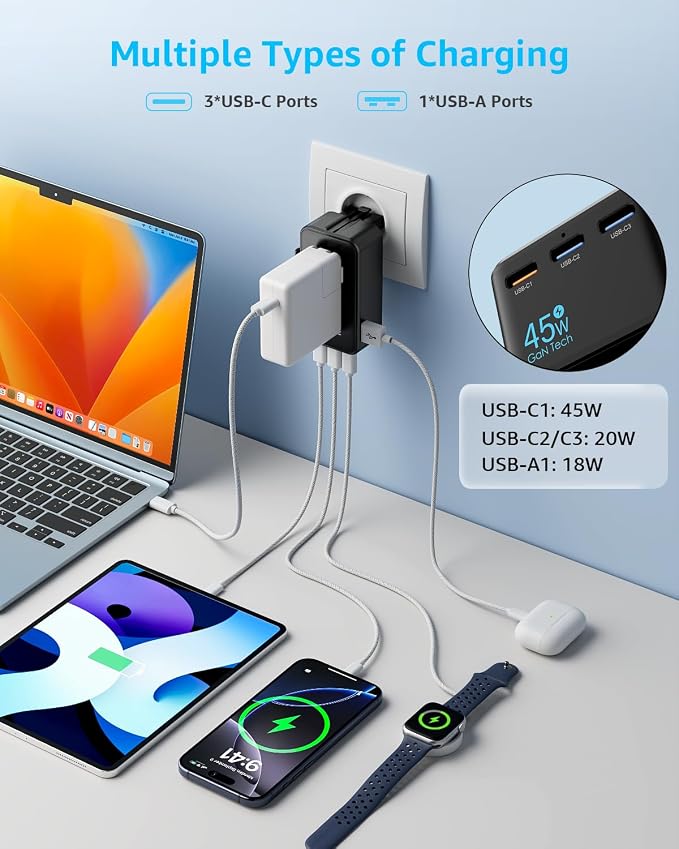 “Air” Universal Travel Adapter 3 USB-C＆ 1 USB-A Cover 200+ Countries | GaN 45W, International Plug Adapter, All in One Portable Adapter, NOT A Voltage Converter, for USA, UK, EU, AU (Black)