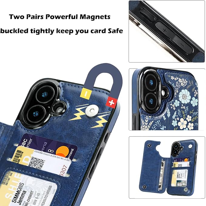 uCOLOR for iPhone 17 Wallet Case with Card Holder PU Leather RFID Blocking Design iPhone 17 flip case for Women Men Magnetic Clasp Kickstand Design 6.3 inch (Blue Daisy)