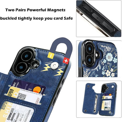 uCOLOR for iPhone 17 Wallet Case with Card Holder PU Leather RFID Blocking Design iPhone 17 flip case for Women Men Magnetic Clasp Kickstand Design 6.3 inch (Blue Daisy)
