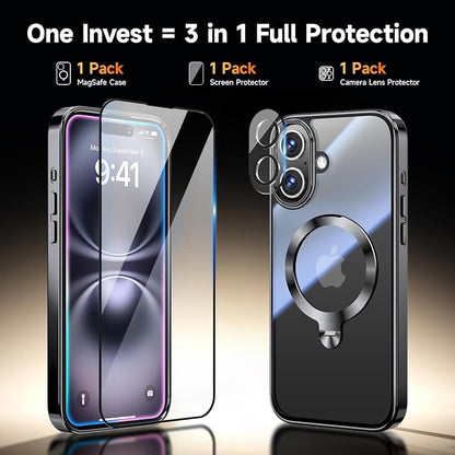 [Tri-Shield Protection] for iPhone 16 Plus Case with 360° Spin Stand Compatible with MagSafe [Magnetic CD Ring] [Screen & Camera Lens Protector] Shockproof Plating Never-Yellowing, Black-6.7"