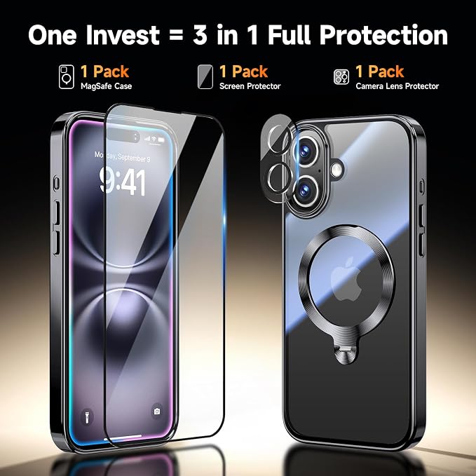 [Tri-Shield Protection] for iPhone 16 Case with 360° Spin Stand Compatible with MagSafe [Magnetic CD Ring] [Screen & Camera Lens Protector] Shockproof Plating Never-Yellowing, Black-6.1"